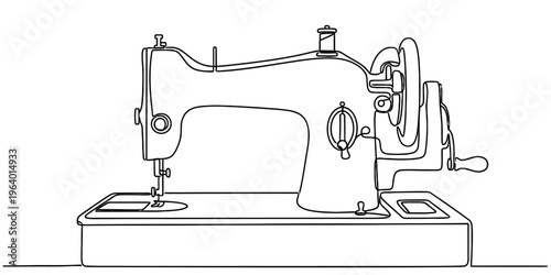 A minimalist black and white line art illustration of a vintage hand cranked sewing machine