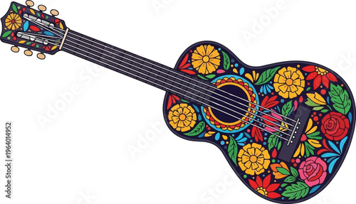 Vibrant guitar adorned with intricate floral designs featuring bold colors like red roses, yellow blossoms, and green leaves against a dark background Vector