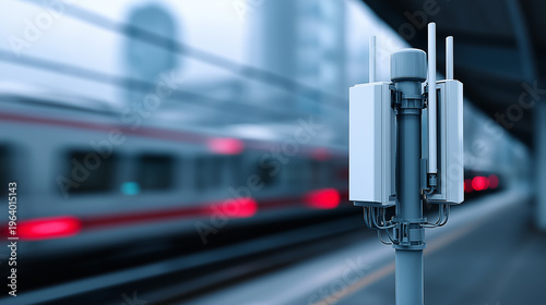Tableau sur toile 5G telecommunication antennas installed at railway station with train in background
