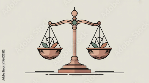 Balanced scales with leafy bowls on a neutral background symbolizing harmony and equilibrium
