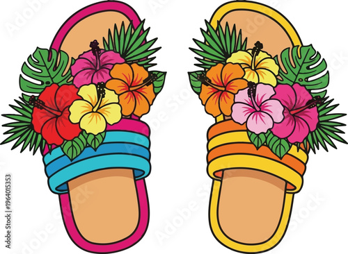 Vibrant flip flops adorned with lush tropical flowers and leafy greenery, radiating summer charm and beachside elegance in bold, cheerful colors Vector