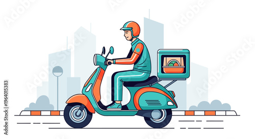 Food delivery courier riding scooter flat vector illustration, online restaurant order transport service, fast delivery concept isolated on white background for mobile app and logistics branding