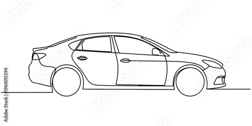 Minimalist continuous line drawing depicting the sleek side profile of a modern sedan vehicle