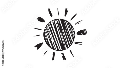 Roughly shaded circular sun icon with spiky rays hand drawn in black ink doodle style art.