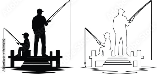 Two generations fishing together on docks with different styles silhouette art