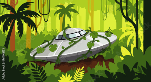a lost silver ufo spaceship covered in green vines crash landed deep in a lush tropical jungle a mysterious alien discovery