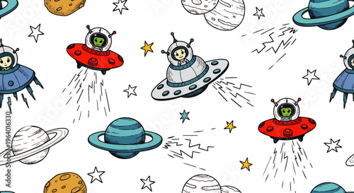 colorful seamless space pattern featuring cute cartoon ufos aliens and planets ideal for childrens design background.