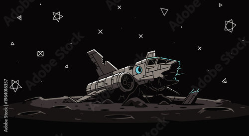 crashed spaceship wreck on a desolate moon surface depicting a sci-fi concept of an abandoned cosmic exploration mission.