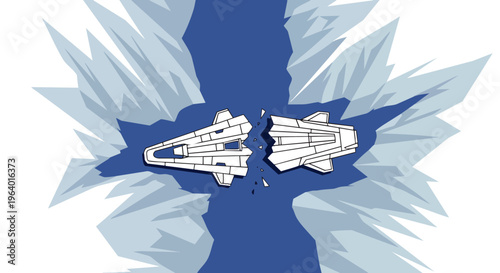 futuristic broken spaceship splits in two floating in a blue arctic ice channel symbolizing technology failure or a difficult journey