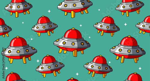 ufo alien spaceship flying saucer pattern a playful cartoon with red spaceships on a green background ideal for kids.