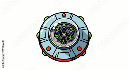 a cartoon flying saucer with a human pilot and green aliens inside illustrating space exploration and fantasy adventures