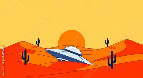 a crashed ufo spaceship sits abandoned in a hot desert landscape at sunset evoking mystery and alien exploration