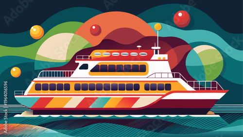 A colorful boat with a white and orange hull