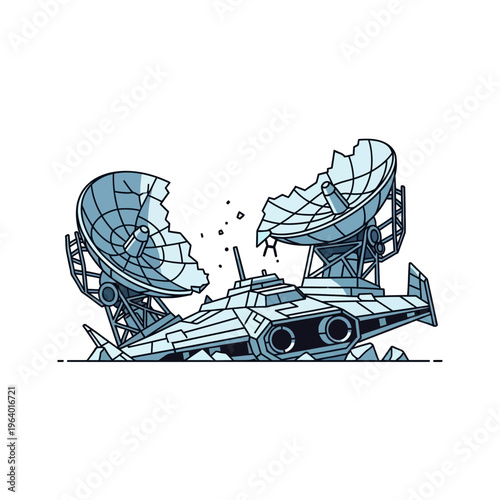 crashed spaceship and broken satellite dishes depicting technology failure and space accident in modern flat design.