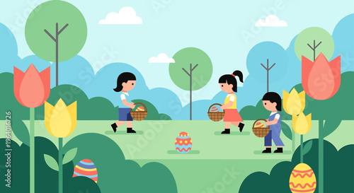 easter egg hunt children spring holiday outdoor activity three girls collecting colorful eggs in a vibrant park.