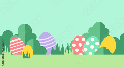 easter egg hunt flat design with colorful spring holiday eggs hidden in a grassy field perfect for festive celebration backgrounds.