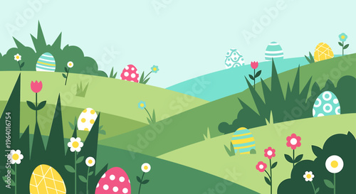 modern flat design easter egg hunt in a vibrant spring landscape with colorful eggs hidden among green hills and blooming flowers.