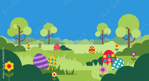 easter egg hunt flat design in a cheerful spring landscape with colorful decorated eggs hidden among green grass and flowers.