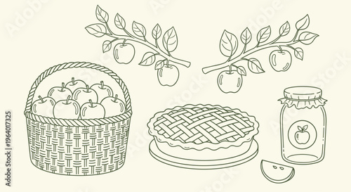 Fresh apples in basket with pie and jar illustration for harvest season.