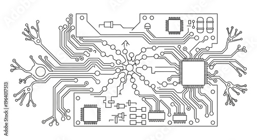 Complex microchip circuit board technology background line art vector illustration, digital processor motherboard connection system futuristic tech schematic isolated on light background