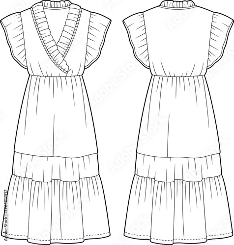 Fashion technical flat sketch of women’s ruffle maxi dress with tiered skirt, V-neck front and elastic waist, front back view