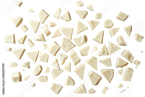 White chocolate pieces breaking and scattering, creating a sugary texture for confectionery and dessert concepts
