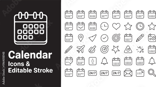 Calendar and schedule line icon collection for daily agenda business management app planning events set with editable stroke path.