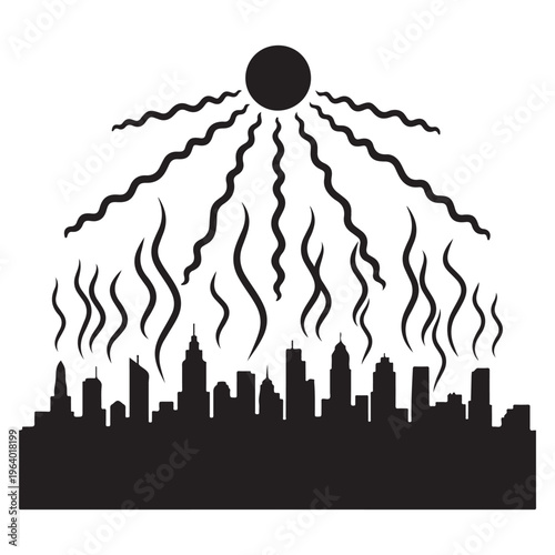 Black silhouette city skyline with wavy lines representing heat or pollution rising from buildings under a large sun