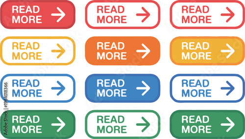 Set of read more button icons on transparent background for web and application call to action.