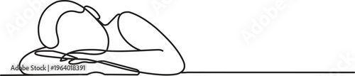 Minimalist continuous line art of a person sleeping on their desk, rest and exhaustion concept illustration.