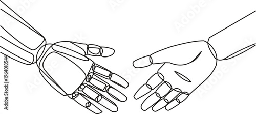 Minimalist continuous line art of a human hand reaching a robot hand, artificial intelligence and future technology cooperation concept.