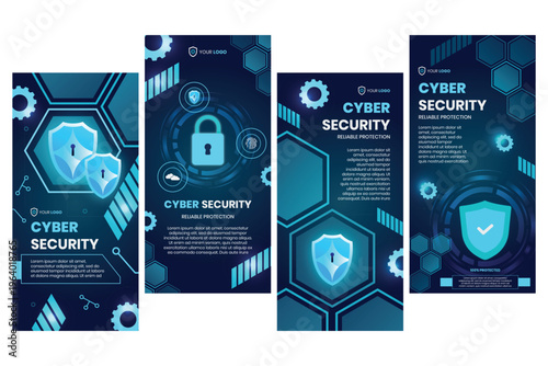 A collection of cyber security posters with a blue and white color scheme