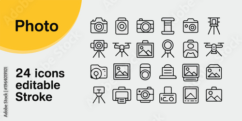 Photography icon set featuring various camera models and equipment symbols for professional studio and outdoor picture taking art.
