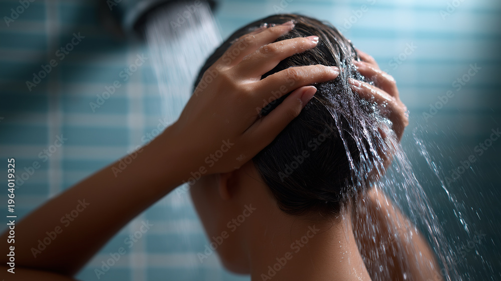 Naklejka premium Woman washing her hair under running water in the shower, representing hygiene and daily personal care routine.