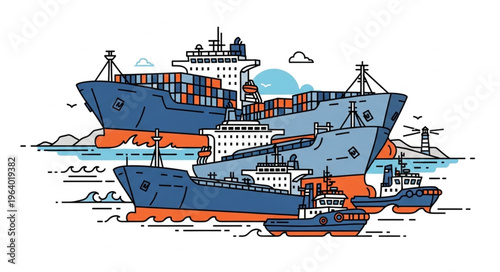 Line Art Illustration of a Fleet of Cargo Ships at Sea.