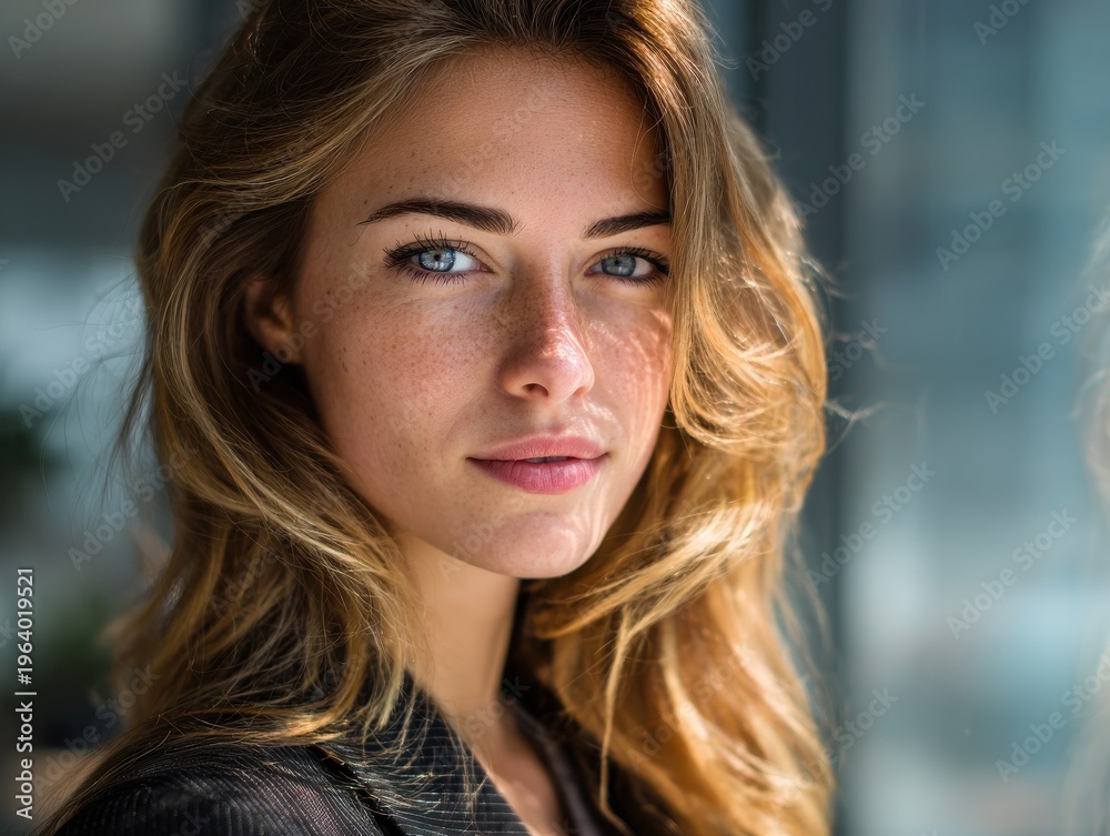 Fototapeta premium professional woman determined look on a blured office background with natural sunlight