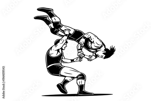 Wrestling Suplex Throw Silhouette High Altitude Action Professional Wrestling Move Black Vector Graphic