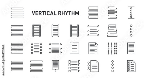 Vertical rhythm typography layout guide icon set vector illustration, grid alignment spacing rules symbols, design system layout icons for ui ux web typography isolated on white background