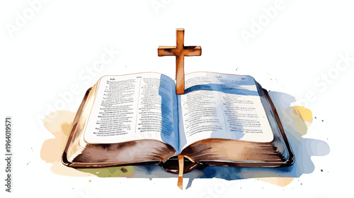 Close up of an open holy bible book with a small wooden christian cross placed on the pages in a bright clean studio lighting
