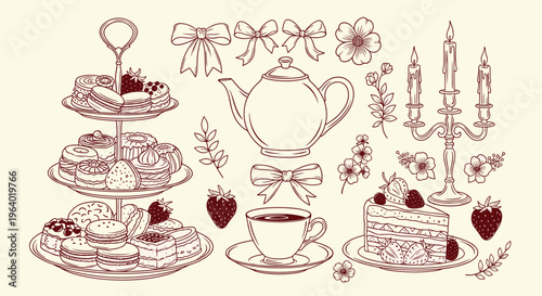 Afternoon tea party set with cakes macarons teapot and candles for celebration.