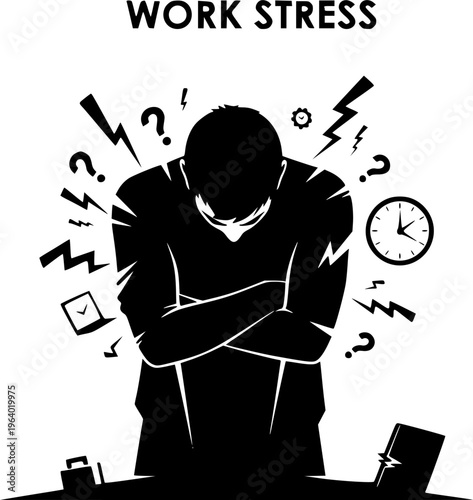 Sad and Stressed Businessman Feeling Pressure at Work.silhouette vector black