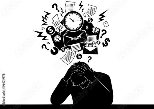 Stressed Man Sitting at Desk Feeling Work Pressure and Burnout.silhouette vector black