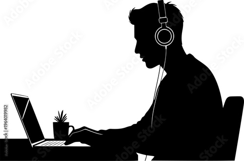 Focused Freelancer Working Remotely on Laptop at Home.silhouette vector black