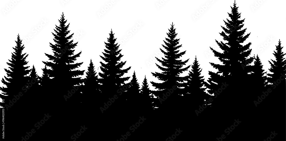 Obraz premium Pine trees silhouettes. Evergreen coniferous forest silhouette, nature spruce tree park view vector illustration. Coniferous woods silhouette