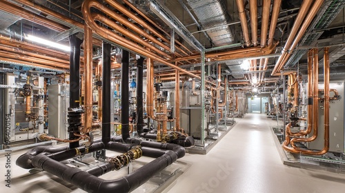 Industrial mechanical room with copper pipes.