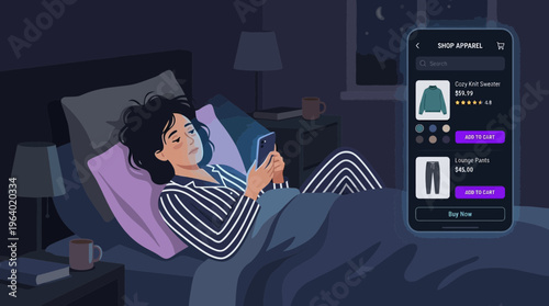 Woman Online Shopping in Bed at Night Illustration