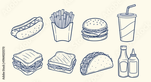 Fast food icons set hot dog fries burger soda sandwich and taco meals.
