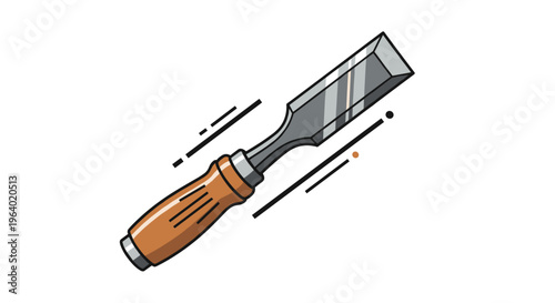 Woodworking chisel with a sharp metal blade and a brown wooden handle used for carving, sculpting, and shaping wood in a carpentry shop.