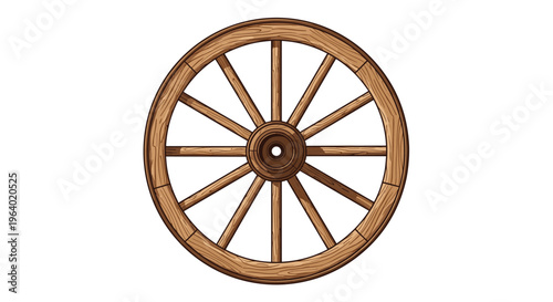Traditional wooden wagon wheel with a central hub and spokes representing history, agriculture, and old transportation methods on white.
