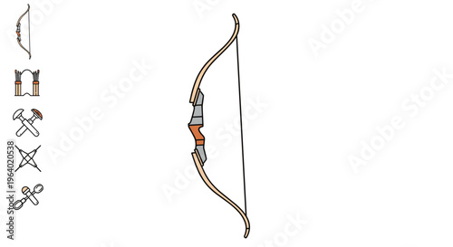 Modern wooden archery bow with a set of arrows and targets used for sports competition, training, and hunting activities in the outdoors.